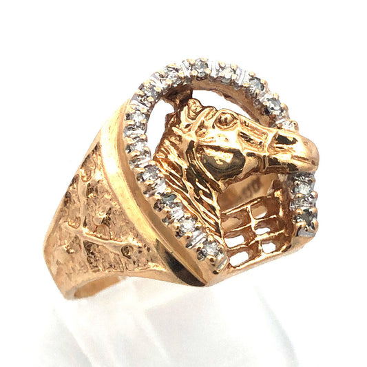 Vintage Designer 10K Yellow Gold Diamond Horse Head Horse Shoe Good Luck Ring