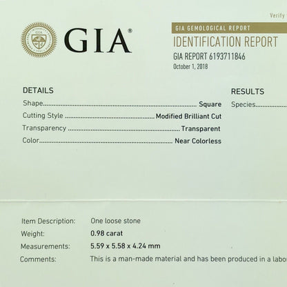 GIA Certified Square Modified Brilliant Synthetic Moissanite .98 Carat Weight