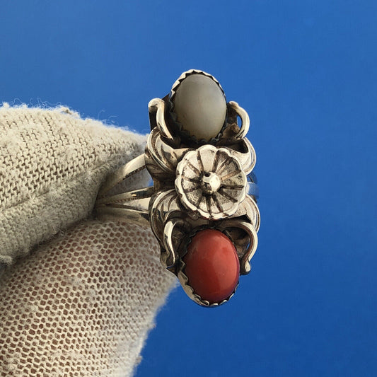 Native American Artisan Sterling Silver Coral Moonstone Elongated Feather Ring