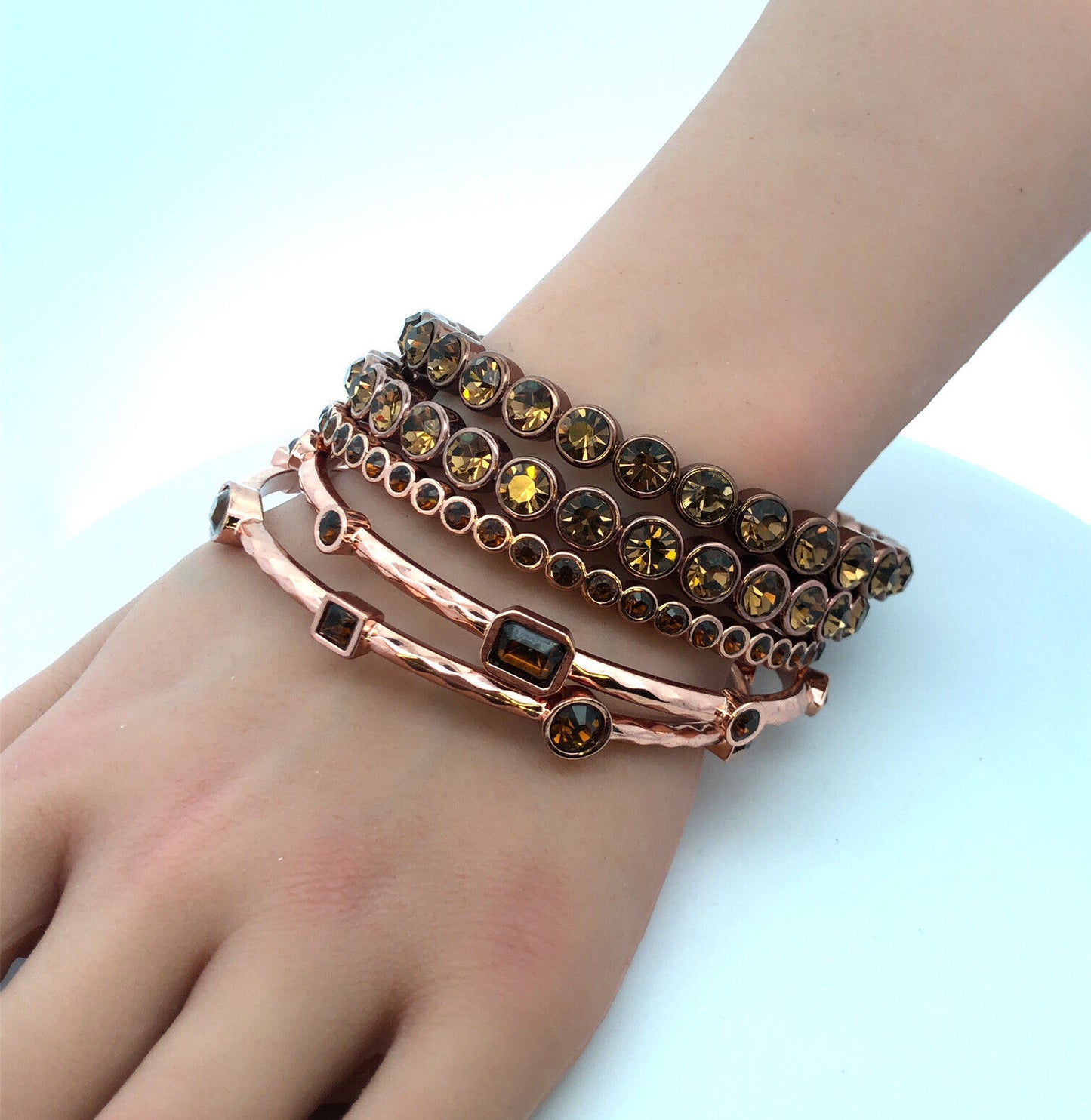 Graziano Bronze Copper Tone Brown Cubic Zirconia Set Of Five Bangle Bracelets