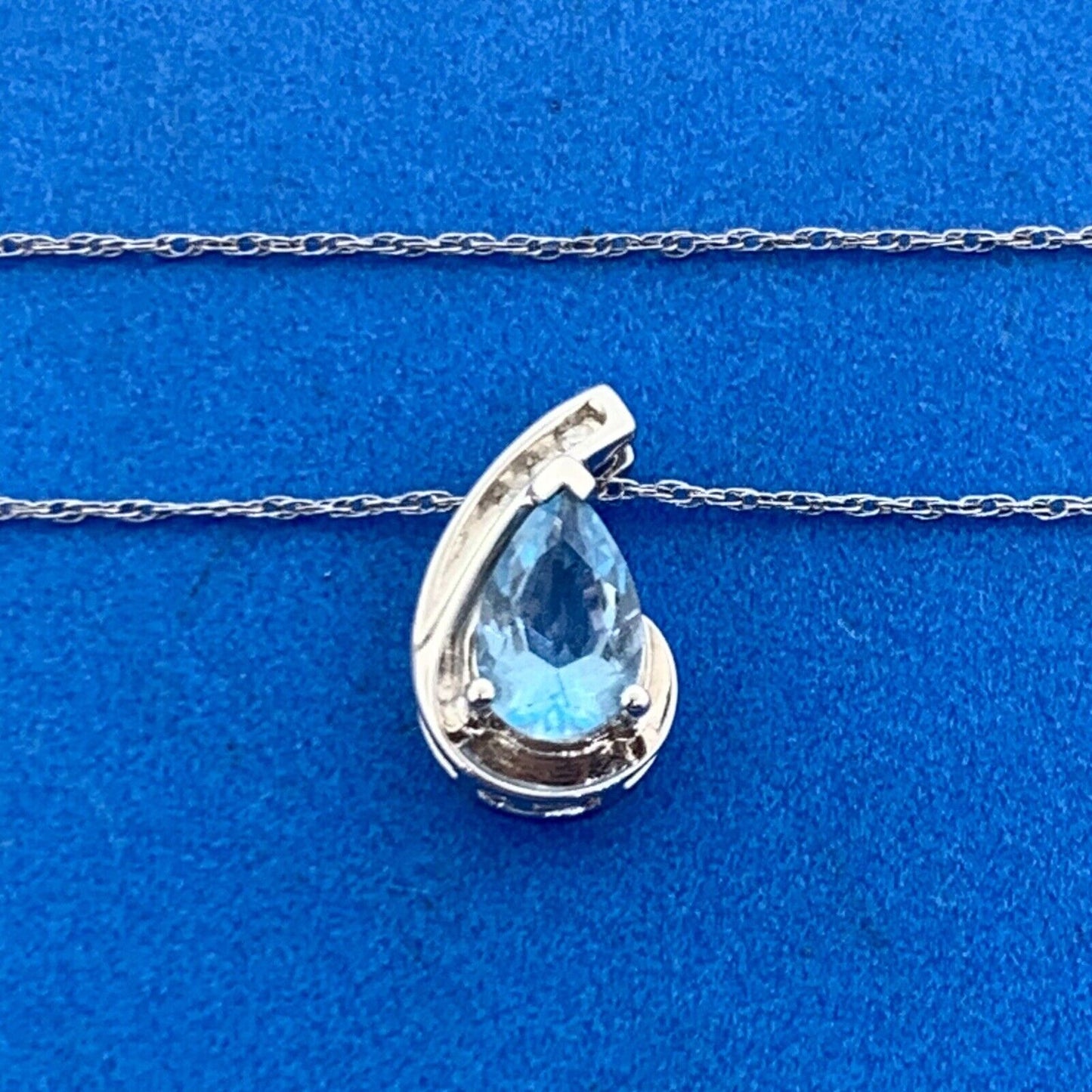 10K White Gold Pear Shaped Blue Topaz Diamond Accented Pendant Necklace