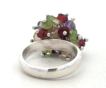 Designer 925 Sterling Silver Beaded Multi-Gemstone Cluster Dome Ring