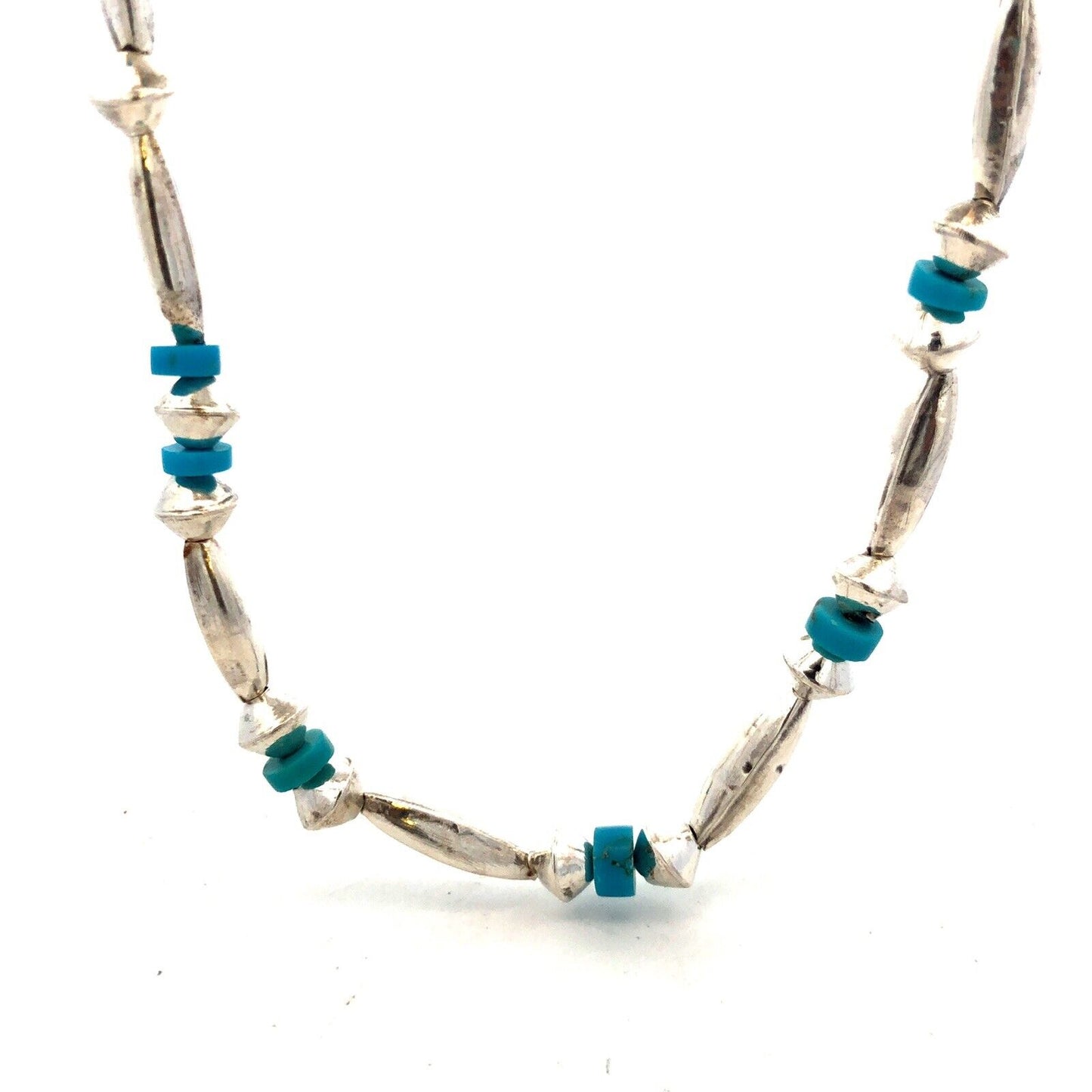 Vintage Native American Old Pawn 925 Sterling Silver Turquoise Beaded Necklace