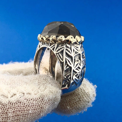 Retro 925 Sterling Silver 14K Two Toned Floral Engraved Smoky Quartz Dome Ring