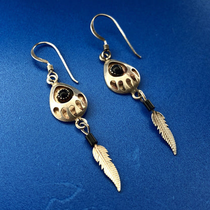 Estate Native American Sterling Silver Black Onyx Bear Paw Feather Drop Earrings
