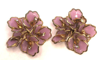 Mid Century Purple Lucite Large Flower Rhinestone Statement Clip-on Earrings