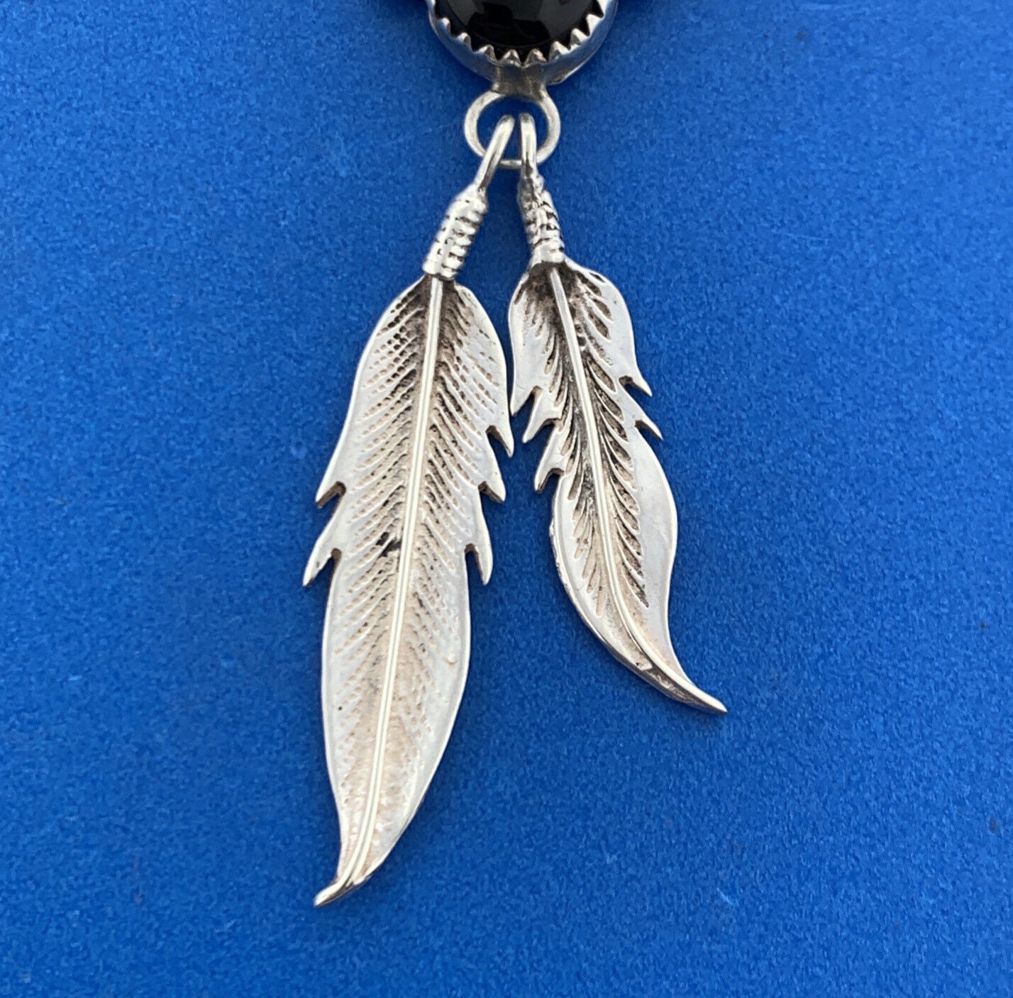 Navajo Designer Eddie Secatero Sterling Silver 925 Onyx Feather Dangle Pendant