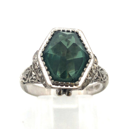 Stunning Art Deco 18K White Gold Hexagon Green Sapphire Statement Cocktail Ring