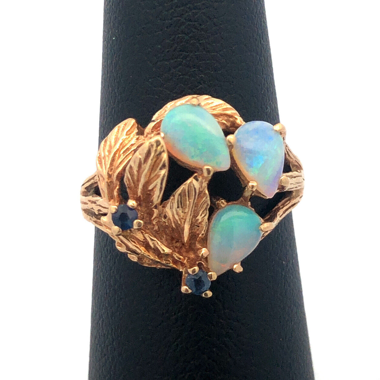 Vintage 10K Yellow Gold Opal Sapphire October Leaf Design Free Form Ring