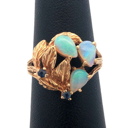 Vintage 10K Yellow Gold Opal Sapphire October Leaf Design Free Form Ring