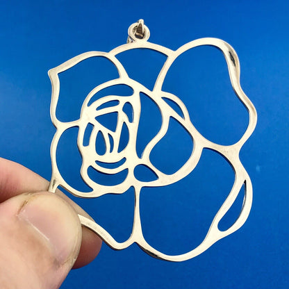 Estate FAS 925 Sterling Silver Rose Flower Bouquet Cut Out Statement Pendant