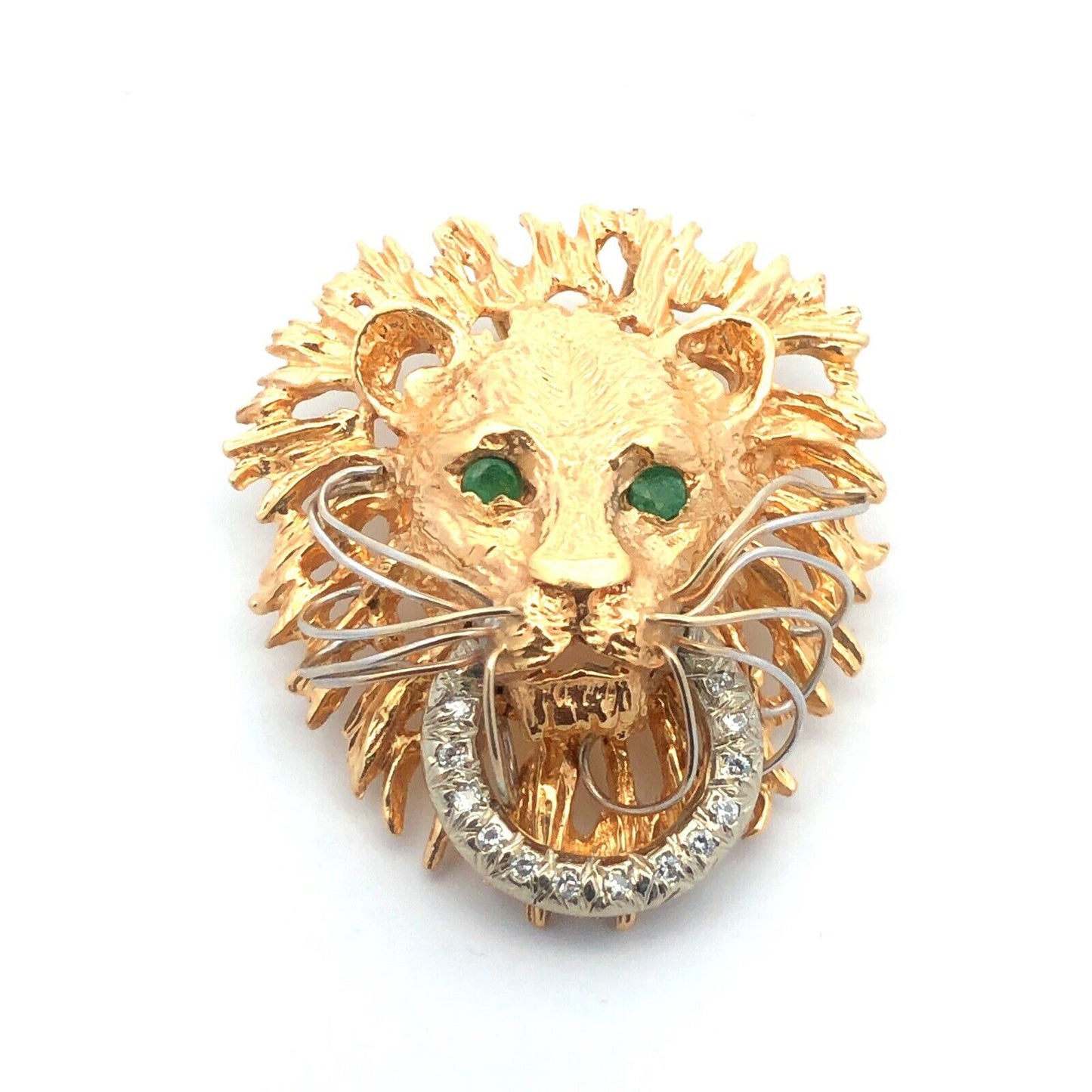 Gorgeous 14k Yellow Gold Emerald Diamond Lion Head Jungle Door Knocker Pendant