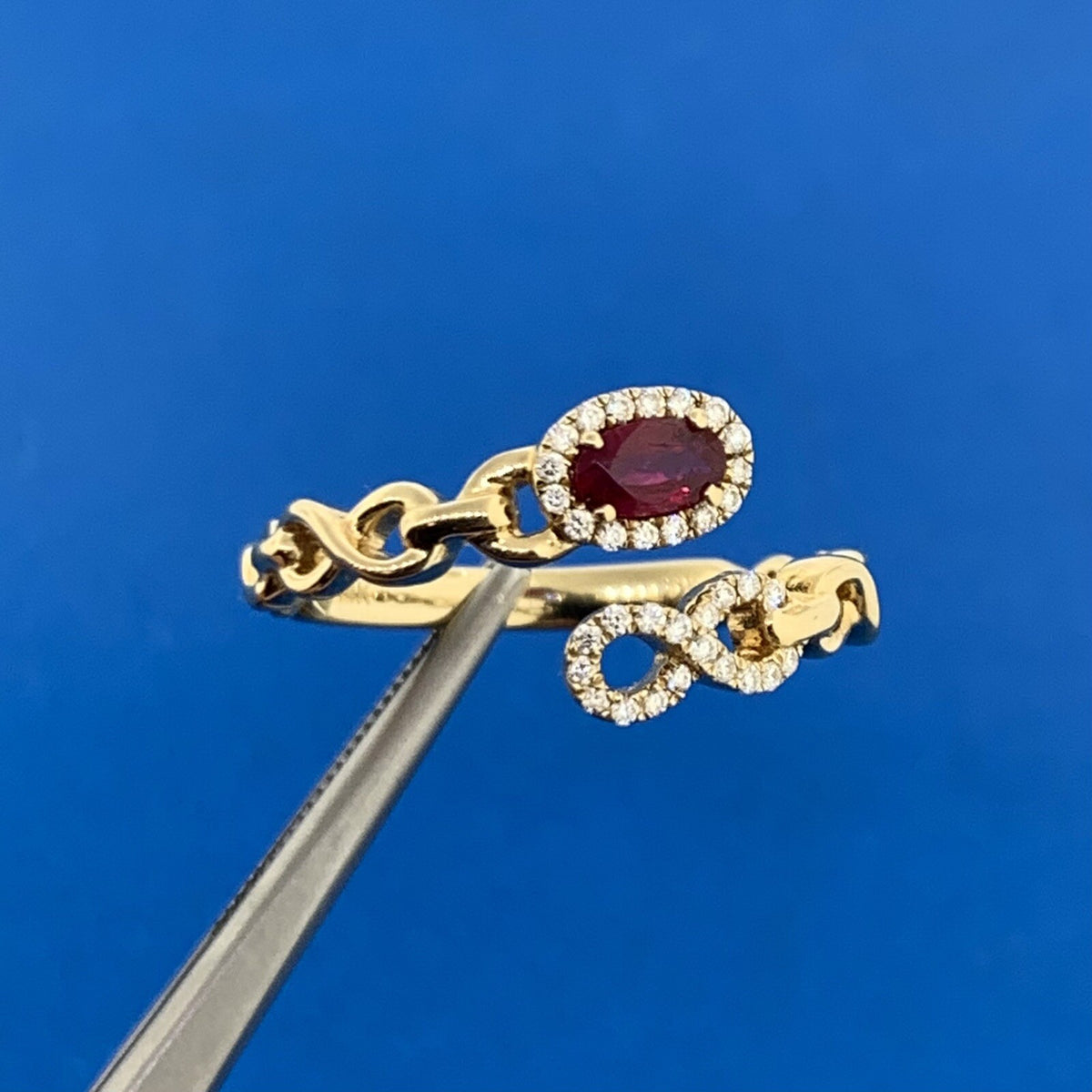 IZI Creations 14K Yellow Gold Oval Ruby Diamond Accented Open Band Bypass Ring