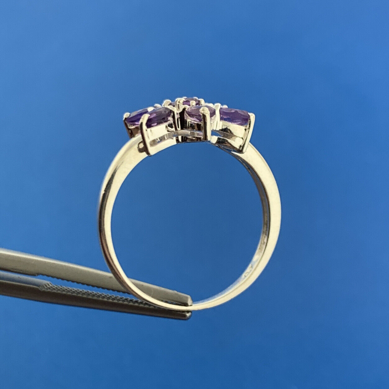 Designer Sterling Silver Amethyst Diamond Flower Cluster February Occasion Ring