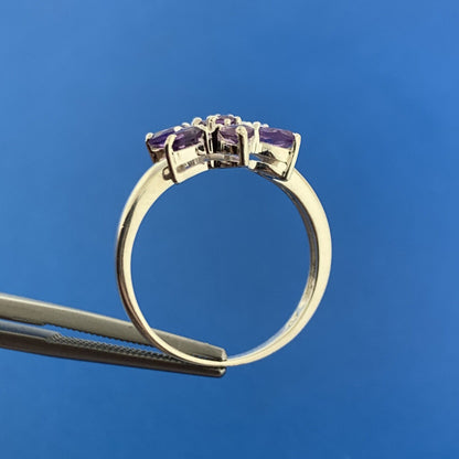 Designer Sterling Silver Amethyst Diamond Flower Cluster February Occasion Ring