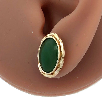 Estate 14K Yellow Gold Oval Green Jade Cabochon Ribbed Bezel Stud Earrings