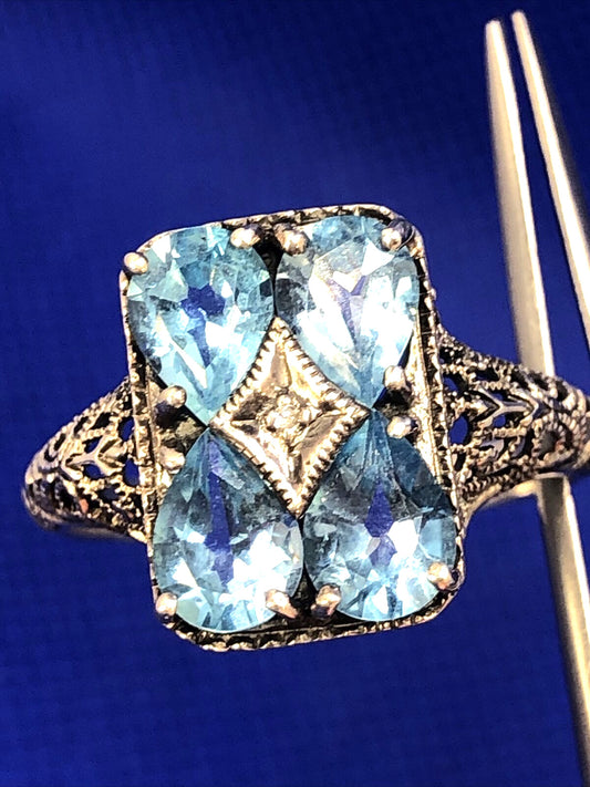Designer CNA 925 Sterling Silver Blue Topaz and Diamond Accent Rectangle Ring