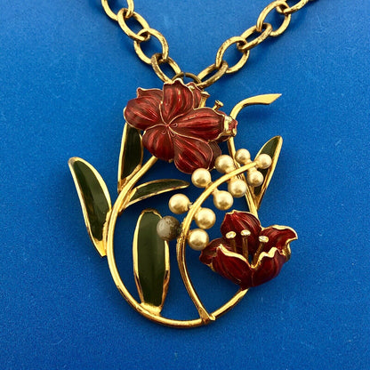 Mid Century Gold Tone Red Green Enamel Faux Pearl Rhinestone Floral Necklace