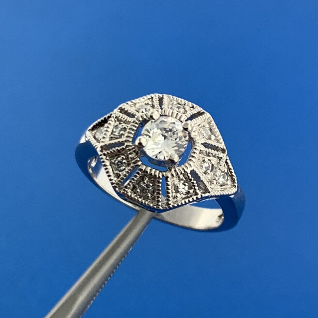 Designer Art Deco Style Sterling Silver Cubic Zirconia Statement Cocktail Ring