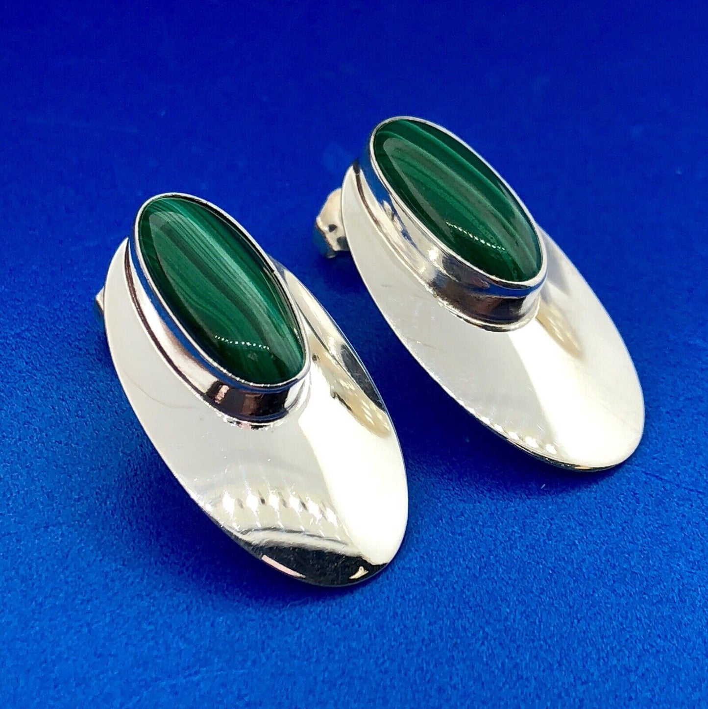 Vintage Sterling Silver 925 Oval Malachite Cabochon Elongated Stud Earrings