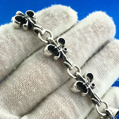 Retro 925 Sterling Silver Fleur De Lis Link Panel Toggle Bracelet