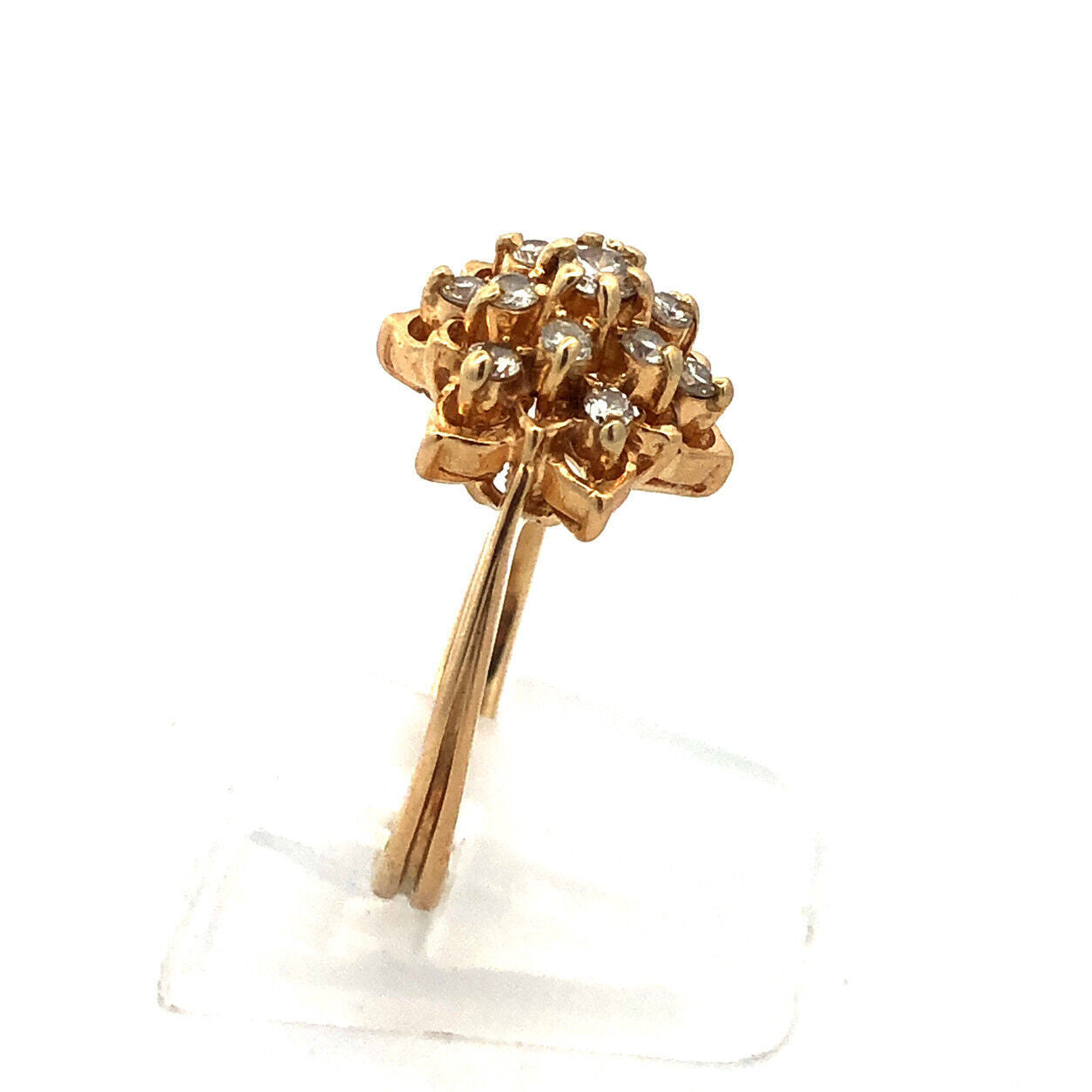 Vintage 14K Yellow Gold Round Diamond Cluster Flower Cocktail Ring