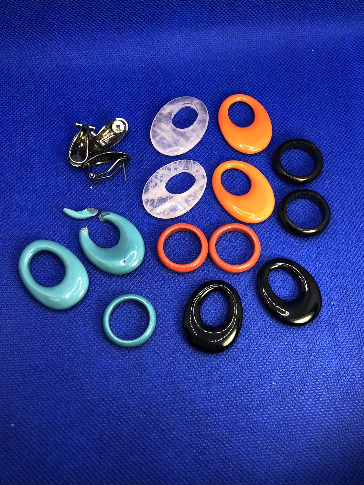 1980's Interchangeable Lucite Mixed Colors Oval Earrings and Matching Rings Lot