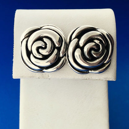 Retro Sterling Silver Rose Bud Camellia Flower Floral Statement Stud Earrings