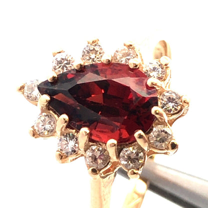 Designer 14K Yellow Gold Pear Red Tourmaline Cubic Zirconia Halo Cocktail Ring