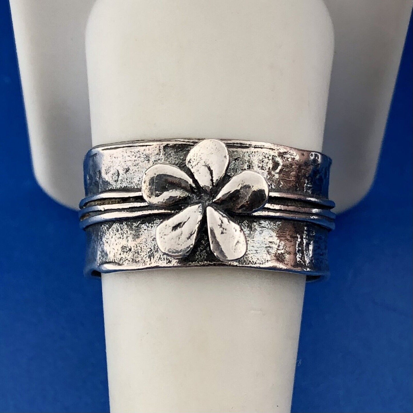 Vintage 925 Sterling Silver Daisy Peony Flower Wide Cigar Band Ring