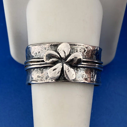 Vintage 925 Sterling Silver Daisy Peony Flower Wide Cigar Band Ring