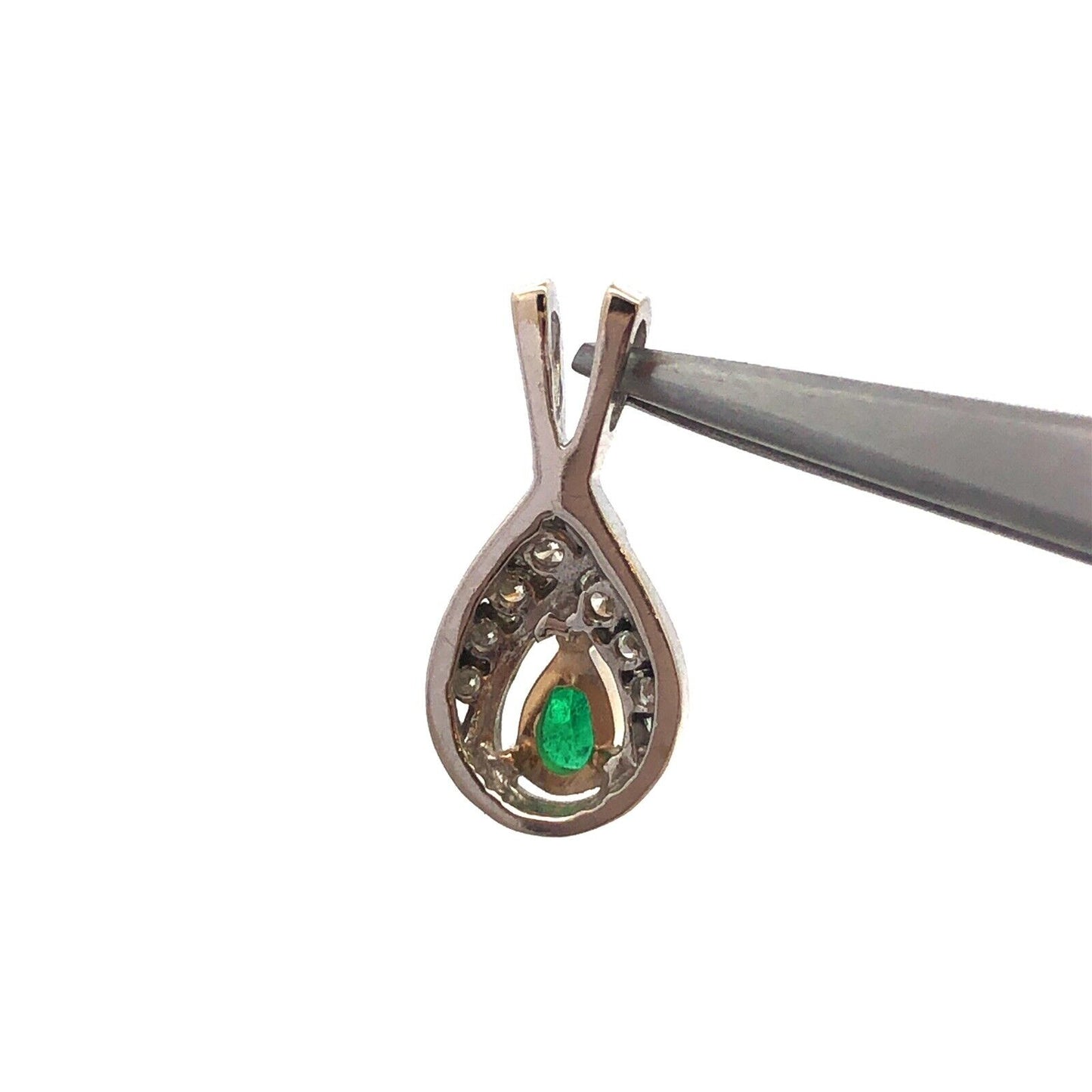 Designer 14K White Gold Pear Emerald Round Diamond Petite Pendant