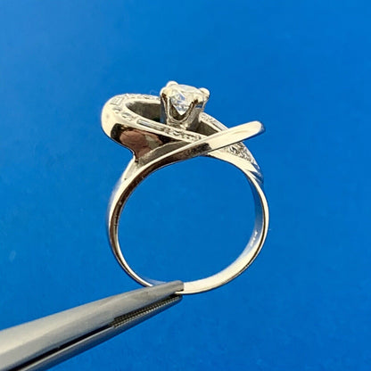 Art Deco Style 14K White Gold Diamond Solitaire 3D Twist Halo Engagement Ring