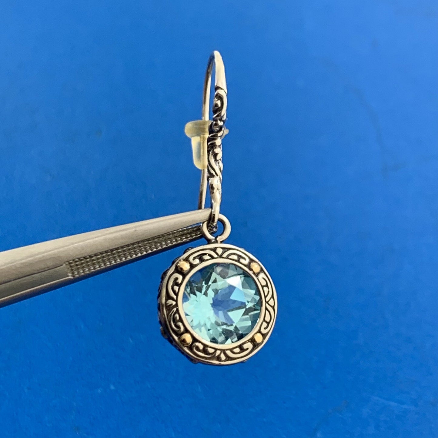 Designer DS ID Sterling Silver 18K Yellow Gold Round Blue Topaz Dangle Earrings