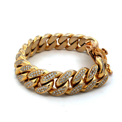 Solid 10K Yellow Gold Pave Diamond Encrusted Miami Cuban Link Statement Bracelet