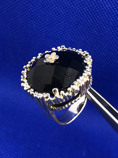Designer Black Onyx 925 Sterling Silver Diamond Accent Dome Statement