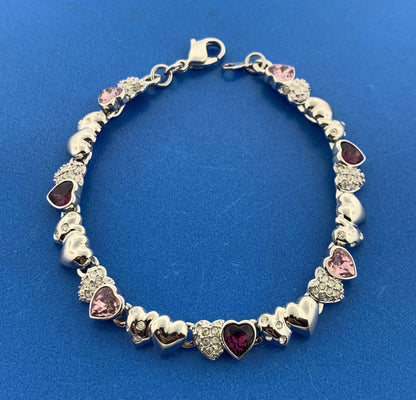 Swarovski Silver Toned Purple Pink Diamond Crystal Heart Station Tennis Bracelet
