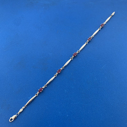 Designer 10K White Gold Oval Cut Ruby Diamond Accent Panel Link Chain Bracelet