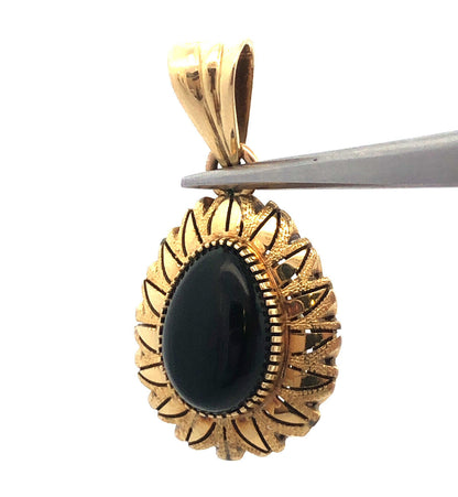 Vintage Mexico 14k Yellow Gold Black Onyx Pear Aztec Sunburst Drop Pendant