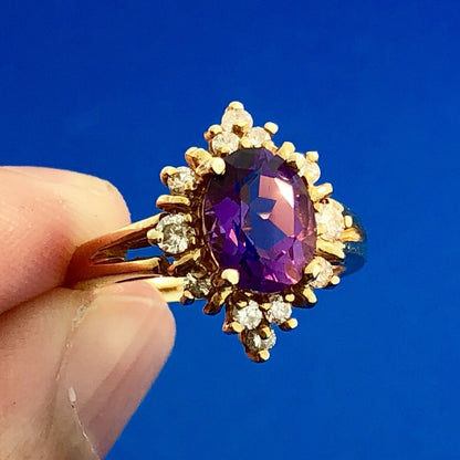14K Yellow Gold Amethyst Diamond Halo Starburst Cluster February Cocktail Ring