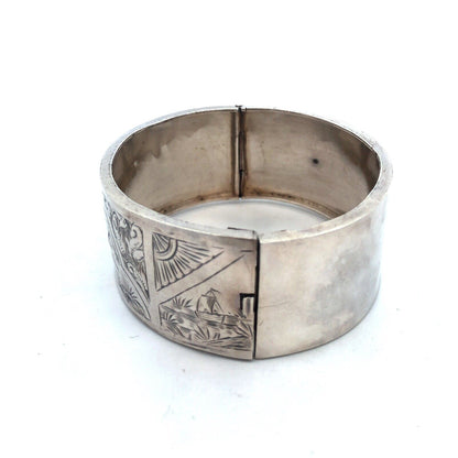 Vintage 925 Sterling Silver Wide Bird Nature Detail Hinged Cuff Bracelet