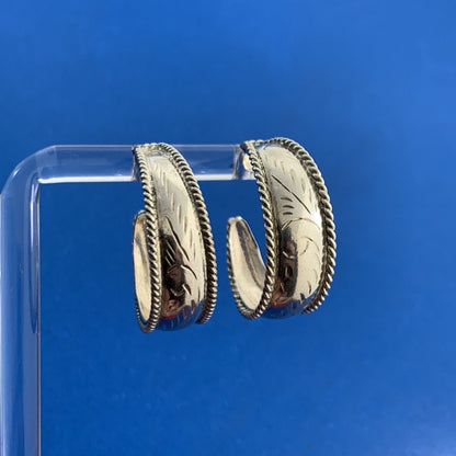 Vintage Vine Scroll Ribbed 925 Sterling Silver Open Round Hoop Earrings