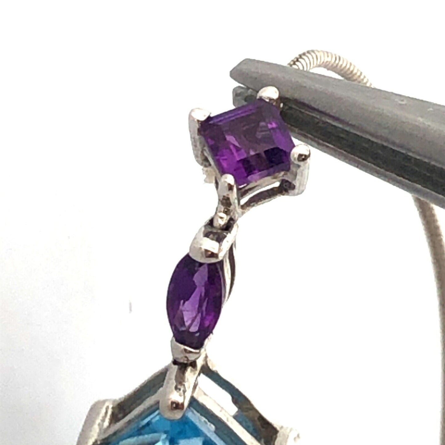 Designer 14K White Gold Blue Topaz and Amethyst Dangle Threader Earrings