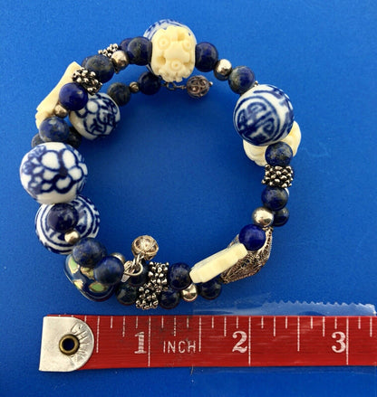 Sterling Silver 925 Lapis Ceramic Carved Cloisonne Bead Three Wrap Bracelet