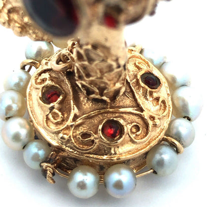 Art Nouveau 14K Yellow Gold Garnet Pearl Turquoise Coral Telephone Pendant