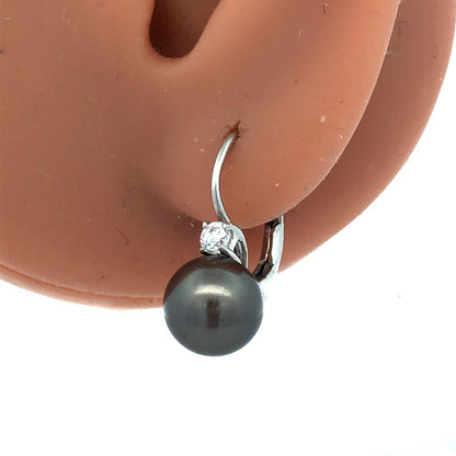925 Sterling Silver Round Tahitian Pearl CZ Lever Back Dangle Earrings