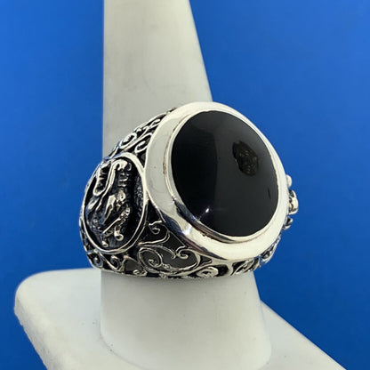 Stunning Sterling Silver 925 Oval Cabochon Onyx Openwork Dragon Ring Size 10