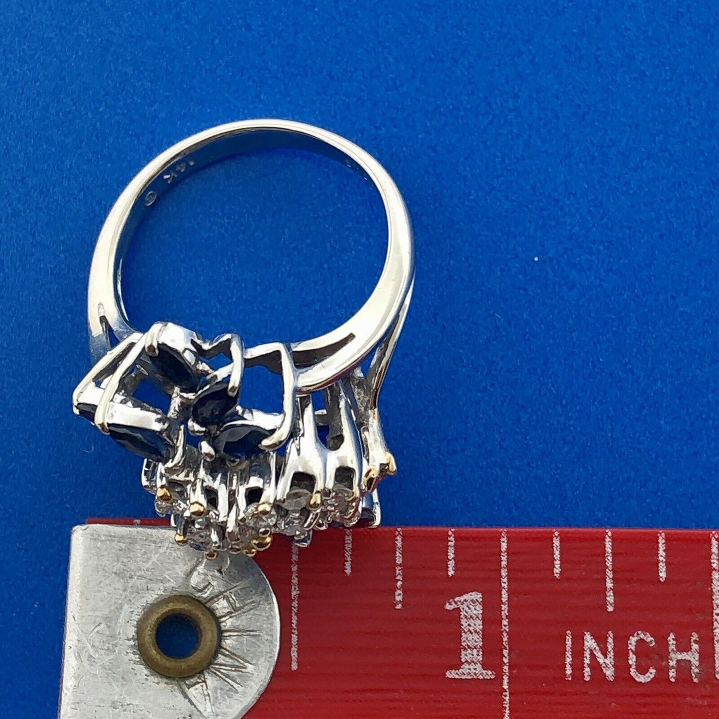 Designer 14K White Gold Sapphire Diamond Starfire Waterfall Anniversary Ring