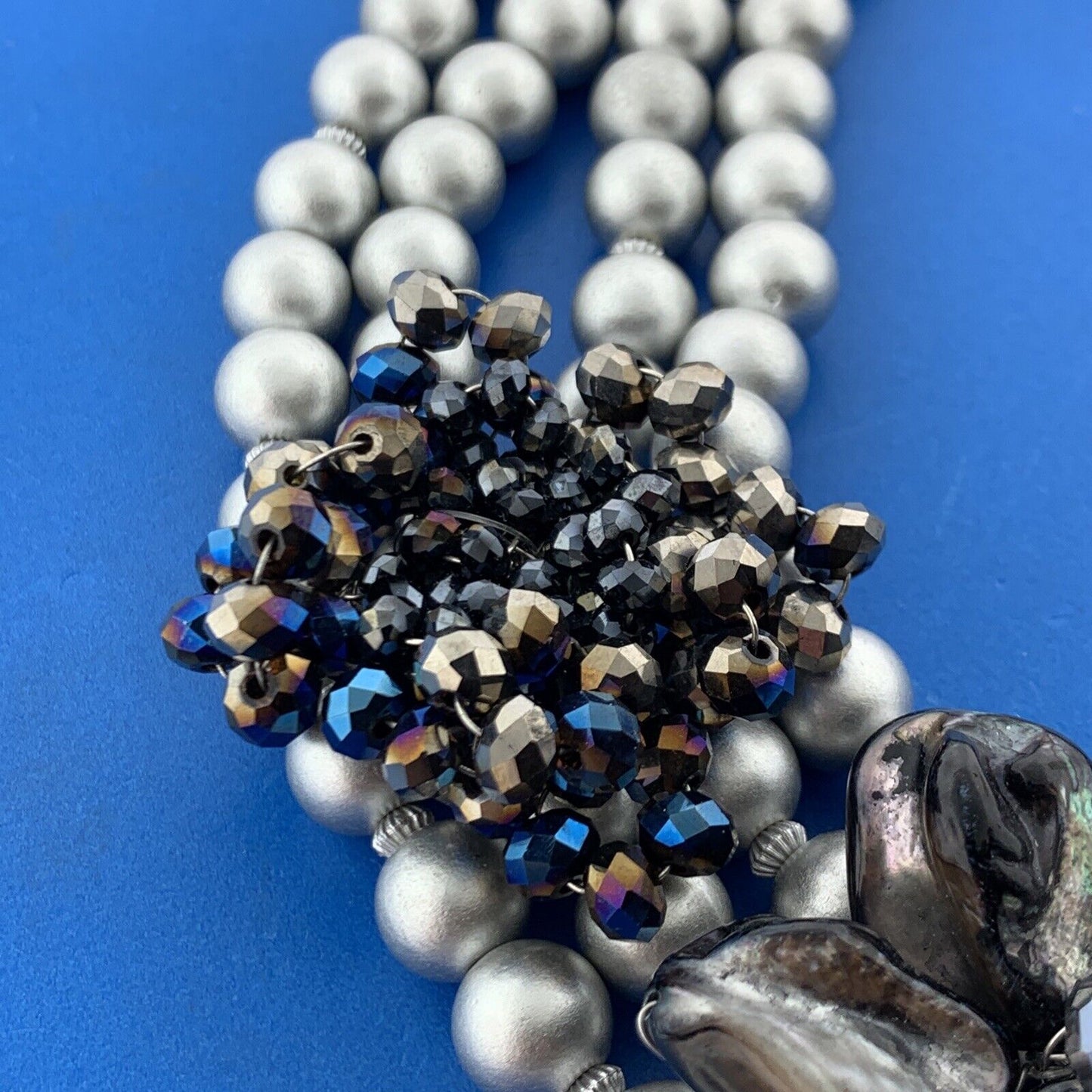 Fabulous Silver Tone Gray Faux Pearl Crystal Lucite 4 Strand Choker Necklace