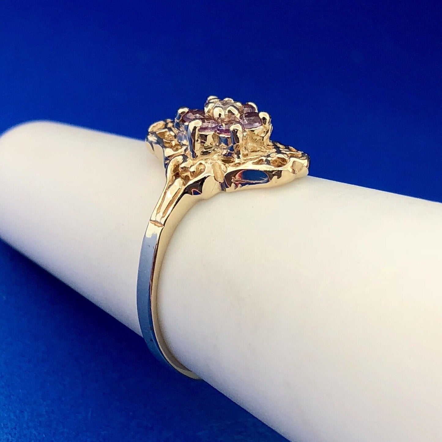 Exquisite Art Deco 10K Yellow Gold Diamond Amethyst Floral February Ring